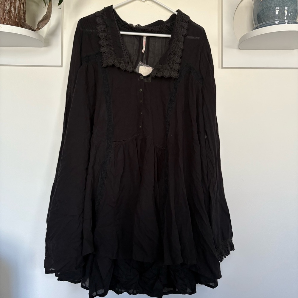 Free People Black Lace-Trim Mini Dress